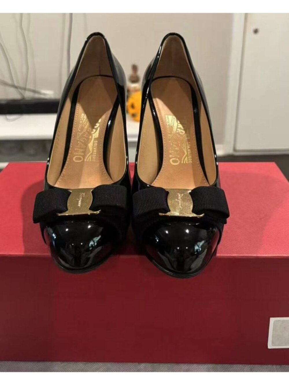 Salvatore Ferragamo Black Patent Leather Vara Pumps